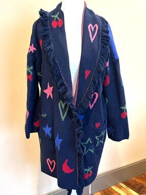 Vilagallo Multicolor Graphic Knit Cardigan - Blue, Red, Pink, Green